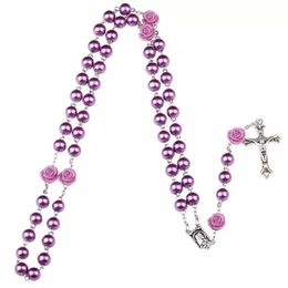 Bead Rosary Long Necklace Alloy Cross Virgin Christian Catholic Jewellery for women Virgin Mary and Jesus Crucifix Pendant