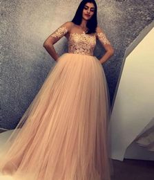 2024 New Sexy Evening Sheer Jewel Neck Tulle Lace Appliques Short Sleeves Plus Size Floor Length Pageant Prom Gowns Arabic Dresses 403