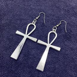 Antique Silver Retro Egyptian Symbol Ankh Cross Exaggerated Minimal Cross Charm Pendant Hip Hop Earring Jewellery For Women Gift A432