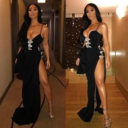Sexy Black Velvet Prom Dresses Spaghetti Side Split Ruffle Tiered Evening Gowns Slim Mermaid Fashion Party Dress