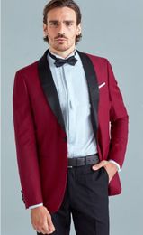 Fashion Burgundy Groom Tuxedos Excellent Shawl Lapel Groomsmen Wedding Jacket Blazer Men Formal Prom/Dinner Suit(Jacket+Pants+Tie) 1284