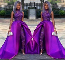 2020 Purple Jumpsuits Prom Dresses With Detachable Train High Neck Lace Appliqued Bead Evening Gowns Luxury African Party Women Pant Suits