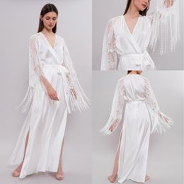 White Bridal Bathrobe Full Length Lingerie Nightgown Pyjamas Sleepwear Tassel Luxury Dressing Gowns Housecoat Nightwear Lounge Wear