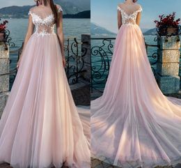 Blush Pink Beach Wedding Dresses Short Sleeves Sheer Neck Tulle Lace Appliques Bohemian Wedding Dress Bridal Gowns Boho Tulle Vestidos