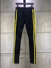 Fashion Men Yellow stripe Wear out Stretch jeans breaks holes pattern Hollow Out Biker Classic Easy Slim Straight Denim Trouse