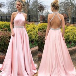 Gorgeous Light Blush Pink Prom Dress 2019 Halter Neckline Open Back A Line Diamonds Rhinestones Beading Elegant Evening Formal Dresses 2019