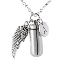 Cremation Jewelry 26 letter Urn Necklace for Ashes with Angel Wing Charm & Cylinder Stainless Steel Memorial Pendant