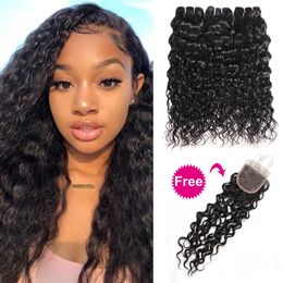 Ishow Indian Human Hair Bundles with Closure 3Bundles Get A Free Closure Deep Loose Wave Yaki Brazilian Straight Kinky Curly Water for Women 8-28inch Jet Black