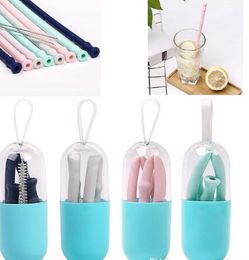 Silicone Foldable Drinking Straw Set With Mini Box Brush Reusable Collapsible Straws For Outdoor Travel Kitchen Bar Portable Drinkware GB152