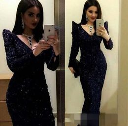 Black Sequins Sparkly Evening Dresses V Neck Long Sleeves Mermaid Custom Made Plus Size Prom Party Gown Formal Ocn Wear