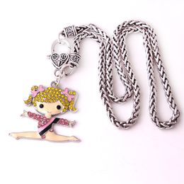 Fashion Gymnastics Girl Cartoon Figure Charm Pendant Crystal Dance Girl Sports Wheat Chain Necklace for Women