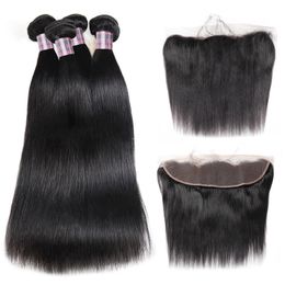 Ishow Wholesale Straight Wefts 4pcs With 13*4 Lace Frontal Peruvian Human Hair Bundles With Closure Virgin Hair Extensions Indian for Women All Ages 8-28inch Black
