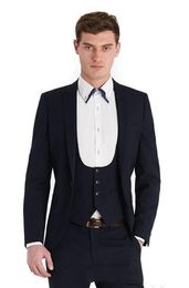 Navy Blue Groom Tuxedos Notch Lapel Slim Fit Groomsman Wedding Tuxedos Men Prom Party Jacket Blazer 3 Piece Suit(Jacket+Pants+Tie+Vest) 2281