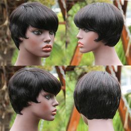 Straight Short Bob Wig Pixie Cut 100% Human Hair Wig With Free Bangs Full Machine Made Brazilian Remy Glueless Wigs For Black Women