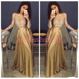Modest Gold Lace Illusion Prom Dresses Long Sleeve Sheer A-Line 2k19 Party African Formal Evening Dresses Gowns Guest Wear Robe De Soiree