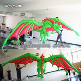 Customised Hanging Inflatable Flying Dragon 4m Length Cartoon Animal Model Green Evil Pterosaur Balloon For Concert And Night Club Party Decoration