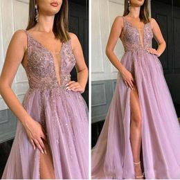 2024 A Line Prom Dresses Deep V Neck Tulle Crystal Beaded Sleeveless High Split Open Back Plus Size Party Gowns Evening Dress 403