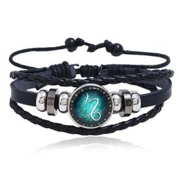 Wholesale- Twelve constellation charm horoscope bracelets leather bracelet punk Jewellery snap button changable model no. NE943-1