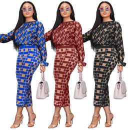 Kvinnor Designer Two Piece Dress Fashion Blouse och kjolar Set 2PCS Mönstertryck Långärmad Blusar Bodycon Dress Sets 2020 Nyaste