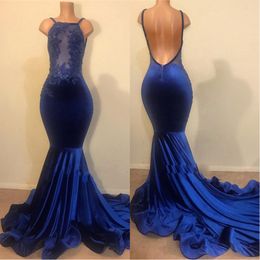 2020 Moda Royal Blue Spaghetti Velvet Mermaid longo Prom Dresses Lace Applique frisada Backless Plus Size Evening Pageant Vestidos