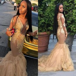 Sexy Gold Illusion Prom Dresses Long Sleeves Lace Applique Beaded Tulle Sweep Train Tiered Skirt African Black Girl Formal Evening Gowns
