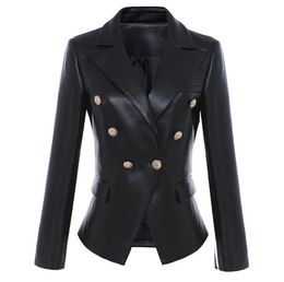 Fashion-Quality Lion Head Metal Button Double-breasted Leather Suit Blazer Coat for Spring and Autumn Women Black Short Jackets J1