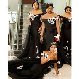 2019 New Black Girl Maid Of Honor Dresses Cheap Long Bridesmaids Dresses African Mermaid Off Shoulder Prom Dresses Beaded Wedding Guest