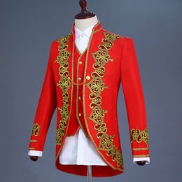 New Fashion One Button Red Embroidery Groom Tuxedos Stand Collar Men Suits 3 pieces Wedding Prom Blazer (Jacket+Pants+Vest) W501