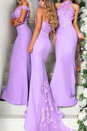 3D Hand Made Flowers Lilac Bridesmaid Dresses Long Mermaid Halter Top Wedding Guest Dress Party Dress Maid Of Honour Gowns Custom Made