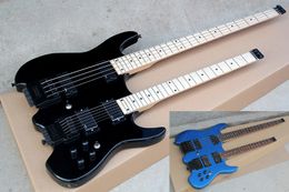 Factory Custom Double Neck Black&Blue Electric Guitar With 4+6 Strings Bass,Black Hardware,Rosewood Maple Fretboard,Offer Customised