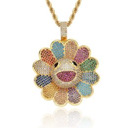 Rotating Sun Flower Pendant & Necklace Hip Hop Jewellery Women Men's Colourful Cubic zircon With Rope Chain For Fashion