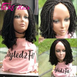 Popular Short Braided Lace Front Wigs Natural Black Kinky Twist Tip Braid Synthetic Wig For Black women Free Shipping