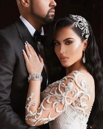 Luxurious 2020 Sexy Arabic Wedding Dresses Mermaid Beading Embroidery Bridal Dresses Sheer Neck Long Sleeves Wedding Gowns Vestido256i