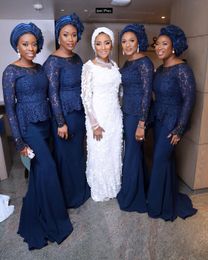 Dark Navy Lace Mermaid Bridesmaid Dresses Vintage Long Sleeves Arabic African Plus Size Maid of Honour Gowns 2018 New Country African Style