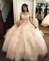 Pink Ballgown Blush Quinceanera Dresses Elegant Off the Shoulder Beaded Lace Applique Tiered Tulle Sweet Birthday Party Prom Dress