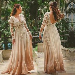 Bridesmaid Blush Pink Dresses Chiffon V Neck Long Sleeves Lace Applique Sexy Backless Custom Made Floor Length Maxi Maid of Honour Gown