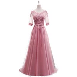 A-line Half Sleeves Lace Elegant Evening Dresses Prom Party Dress Blue Pink Grey White Red Evening Gown 2020 Long Formal Dress255t