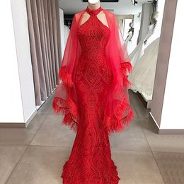 Luxury Mermaid Red Feather Prom Dresses With Wrap High Neck Full Lace Beads Evening Gowns Vestido de fiesta Formal Event Wear