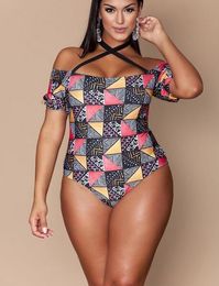 wholesale swimwear plus big womens large fat woman printed one word shoulder one piece swimwear high waist bikinis flexible stylish