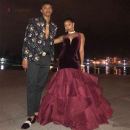 Burgundy Velvet Formal Evening Dresses Backless V Neck Prom Gowns Mermaid Ruffles Organza Skirt Graduation Dress Evening Wear