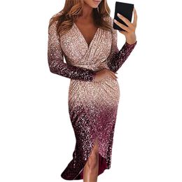 Sexy Partido Midi Vestidos Hi-Lo Mulheres profunda V Neck Sequins Enrole Ruched manga comprida Nightclub Vestido de Inverno