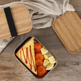 800ml Stainless Steel Lunch Box with Bamboo Wooden Lid Square Food Container Eco Friendly Bento Boxes