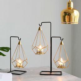 Nordic Style Gold Geometric Candle Metal Tealight Candle Stand Holder with Wrought Iron Hanging Rack Decoration Home Craft Y200110