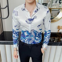 Fashion men white shirt long sleeve 2019 black social dress shirts slim fit tuxedo shirt for male Casual hawaiian print