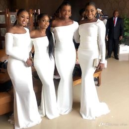 Cheap White African Nigerian Mermaid Bridesmaids Dresses Long Sleeves Off The Shoulder Maid of Honour Dress Simple Long Wedding Guest Dress