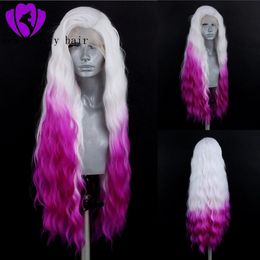 High Temperature Fiber Peruca Free Part Long water Wave Blonde Synthetic Lace Front Wig Costume Party style ombre purple wig for white women