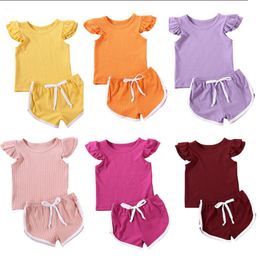 Kids Designer Clothes Girls Fly Sleeve Summer Clothing Sets Candy Casual Tops Pants Suits Knit Cotton Solid Shorts T-Shirts Outfits B7582