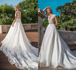 Setwell Lace Wedding Dress Sexy Illusion Deep V-neck Cap Sleeve A-line Chiffon Wedding Gowns Cathedral Train Long Bridal Dress