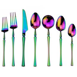 Luxury Mirror Dinnerware Knife Fork Spoon Cutlery 18/10 Stainless Steel Silverware Rainbow Tableware Round Soup Spoon Home Hotel Party Use