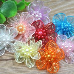 100 pcs U pick Organza Ribbon Flowers Bows w/Beads Appliques Wedding Craft A011